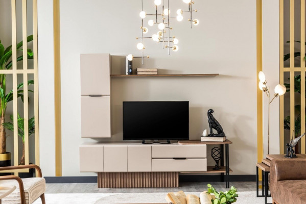 Wunnwand TV-Stänner Wandschaf RTV Lowboard Beige Holz Regaler