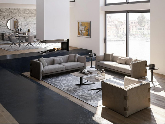 Grousst Wunnzëmmer Set 7-Deeler Modern 2x Dräisëtzer Sofas Gepolstert Still Nei