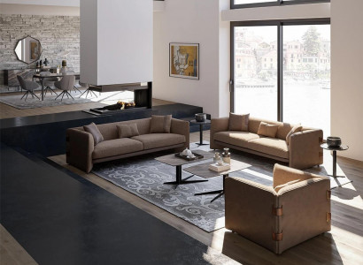 Wunnzëmmer 7tlg Braun 2x Sofae Modern Fotell mat Clubdësch Luxus Ariichtung