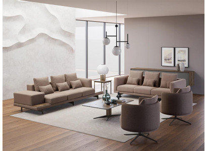 Komplett 6-Stéck Braun Ariichtung 2x Dräisëtzer Canapé Couch Polstermiwwele 2x Still.