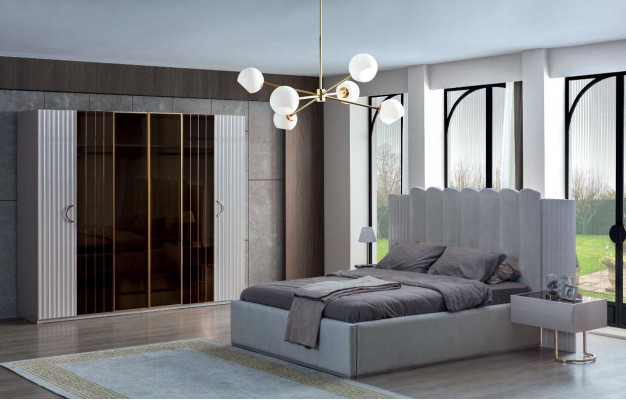 Modern Gro Schlofkummermiwwelen Designer Duebelbett Kleederschaf 4tlg
