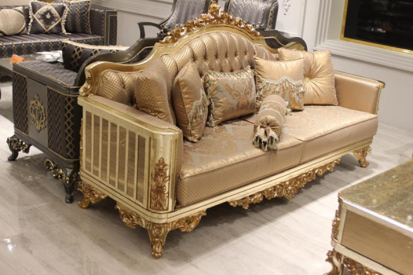 Sofagarnitur 3+3 Sëtzer Wunnzëmmer Set Design Sofa Gold Chesterfield Textil Nei