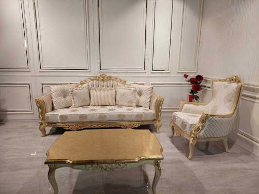 Sofasaz Sofa 3+1 Sëtz Sessel Dësch geschnëtzt Been Couchdësch