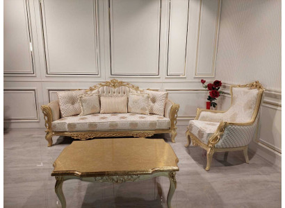 Sofasaz Sofa 3+1 Sëtz Sessel Dësch geschnëtzt Been Couchdësch