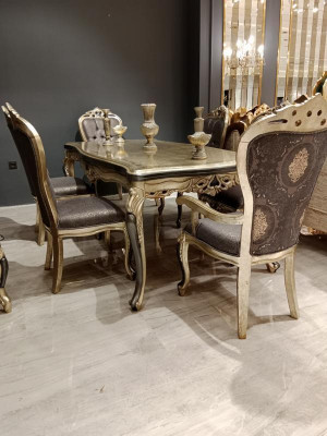 Exklusiv Iesszëmmer Miwwelen luxuriéisen Iessdësch + 4x Dëscht Stull Golddiecher