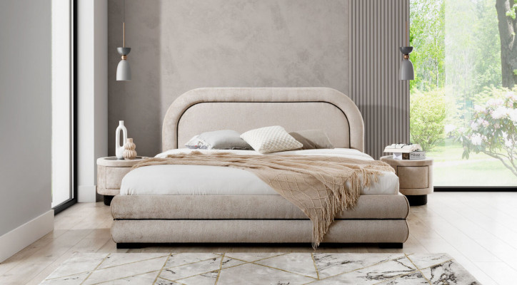Schlofkummer Garnitur Designer Béiest Duebelbett 2x Textil Nuetsdëschcher
