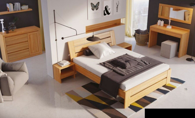 Schlofzëmmer Miwwelen 3-Deeler Set Bett Massivholz Nuetsdëscher 2x Richtegt Holz