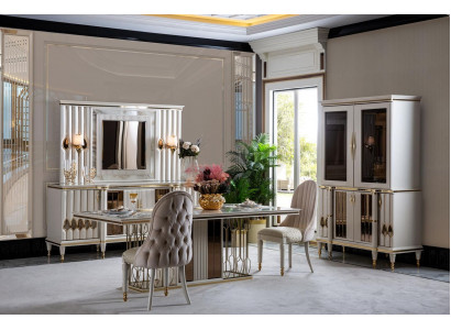 Iesszëmmer Set Wäiss Iessdësch Luxus 4x Stull Anrichte Vitrinn Nei 8tlg.