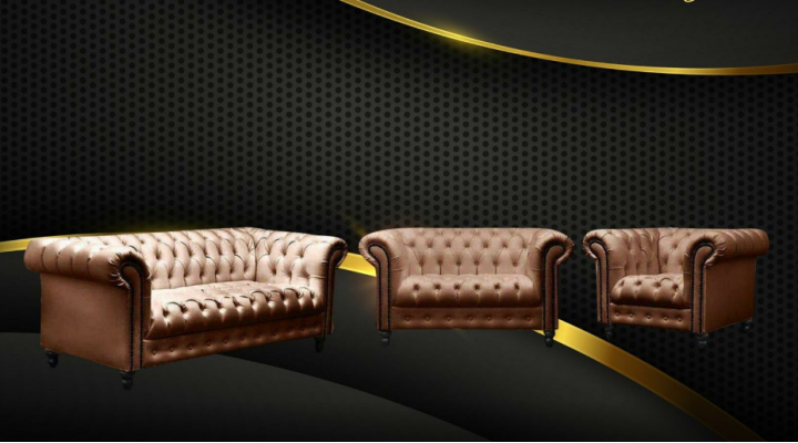 Dräisëtzer Chesterfield Canapé Couch Polster Luxus Miwwel Stoff Couchen