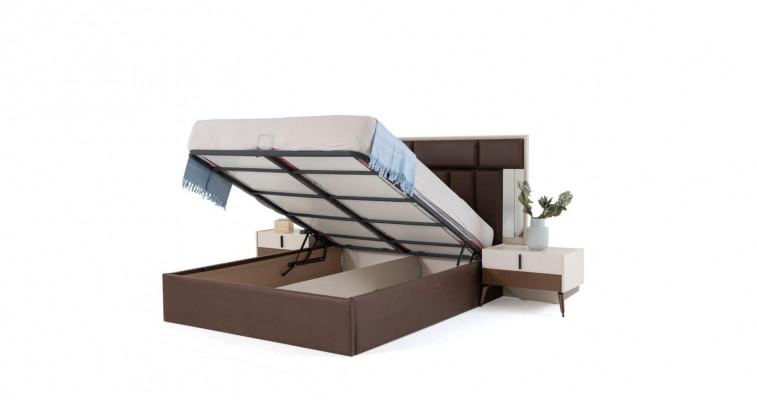 Bett Schlofzëmmerbett mat Bettkëschte Bettrahmen Holz Braun Schlofzëmmerplaz