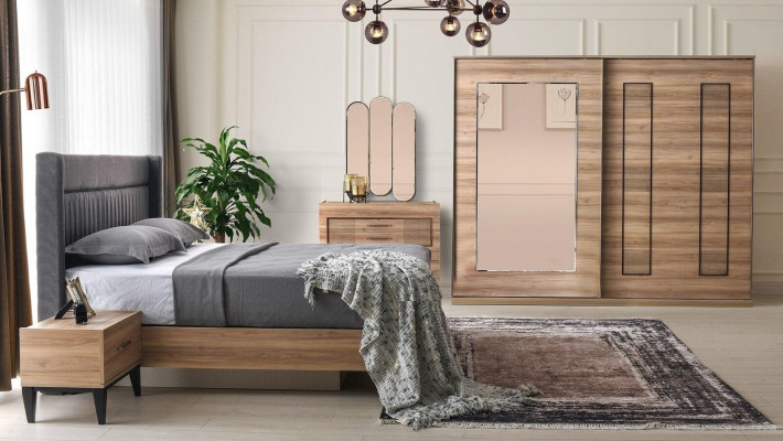 Komplett Schlofzëimmermiwwelen Duebelbett Nuetsdëscher Brong Set 6tlg Bett