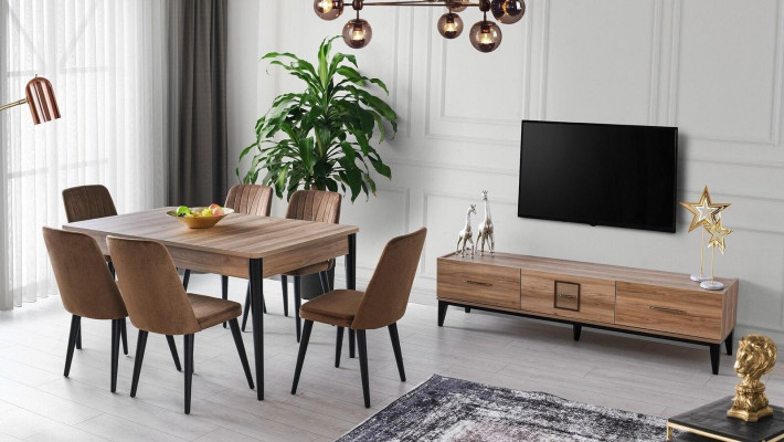 Iessgrupp Iesszëmmer Iessdësch Still Holz Set 8-Deeler Brong TV Stänner