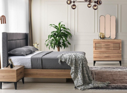 Komplett Schlofzëmmersmiwwelen Duebelbett Nuetsdësch Bron 5 Stéck Kommodë.