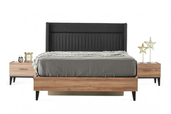 Set mat Duebelbett Garnitur, Bett, Nuetschtischen, Braun, Schlofzëmmer 3-Deelholz Set.