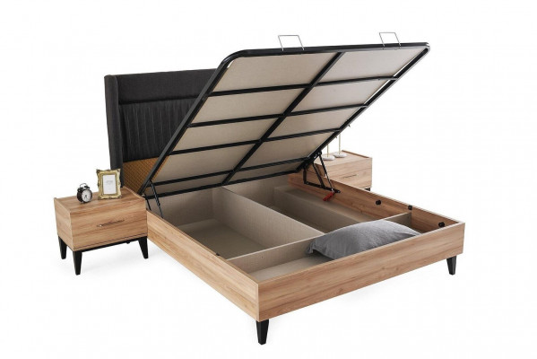 Set mat Duebelbett Garnitur, Bett, Nuetschtischen, Braun, Schlofzëmmer 3-Deelholz Set.