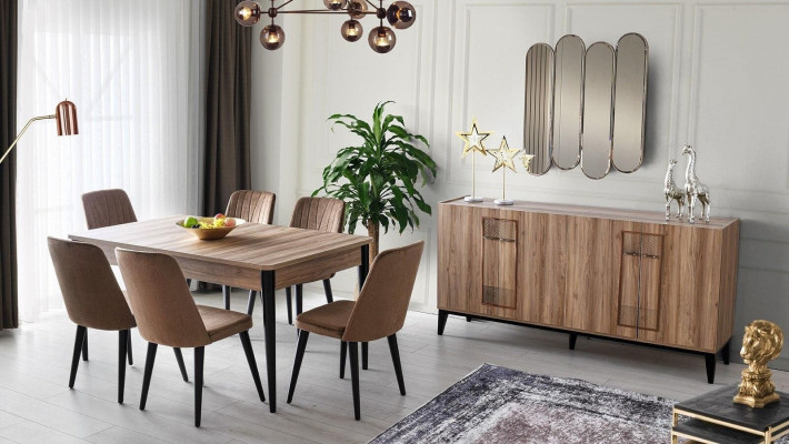 Iessgrupp Garnitur Iesszëmmer Iessdësch Still Holz 9tlg Braun Anrichte