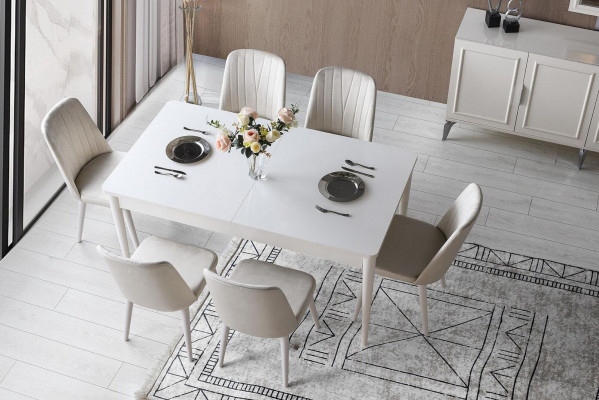 Iessgrupp Garnitur Iesszëmmer Iessdëscht Still Holz 7tlg Wäiss Modern