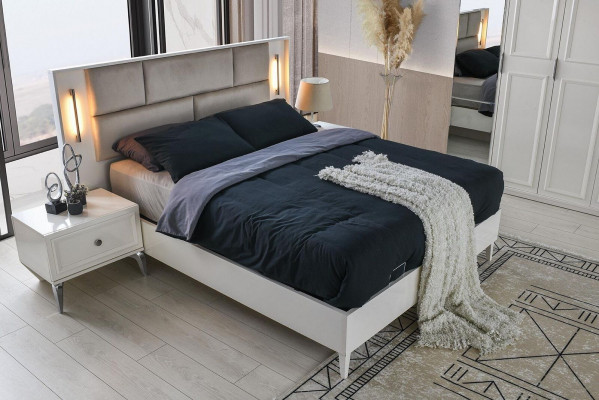 Komplett Schlofzëmmer Miwwelen Duebelbett Nuetsdëscher Wäiss Set 3 Deliegen Bett