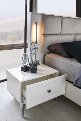 Komplett Schlofzëmmer Miwwelen Duebelbett Nuetsdëscher Wäiss Set 3 Deliegen Bett