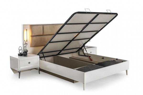 Komplett Schlofzëmmer Miwwelen Duebelbett Nuetsdëscher Wäiss Set 3 Deliegen Bett