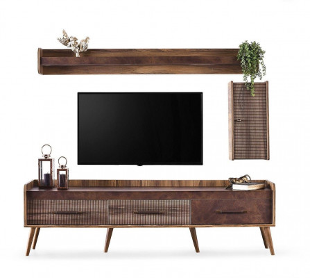 Garnitur Wunnzëmmer TV Stänner Wandschaf Braun Holz RTV Lowboard