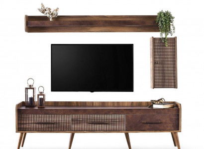 Garnitur Wunnzëmmer TV Stänner Wandschaf Braun Holz RTV Lowboard