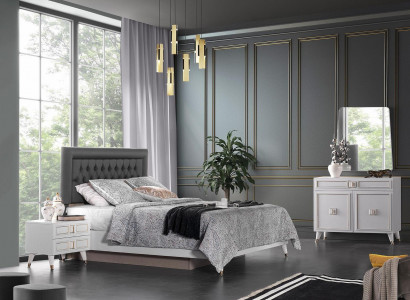 Komplett Schlofzëmmer Duebelbett Nuetsdëscher Wäiss Kommod Bett 5tlg