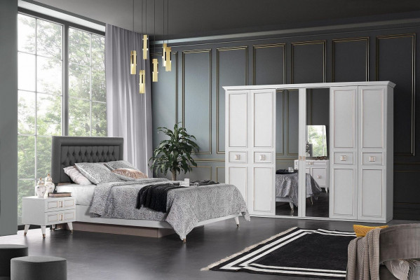 Garnitur Duebelbett Bett Nuetsdëscher Wäiss Schlofzëmmer 4tlg Schaf