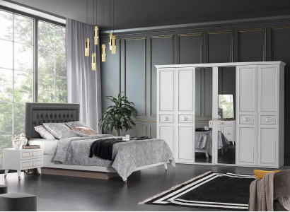 Garnitur Duebelbett Bett Nuetsdëscher Wäiss Schlofzëmmer 4tlg Schaf