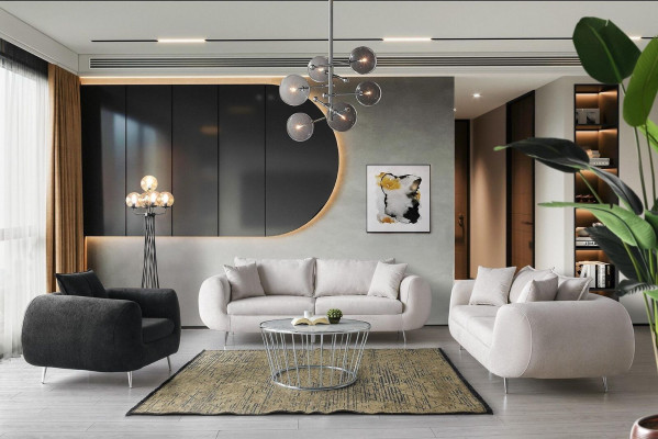 Komplett Canapé-Set Dräisëtzer Fauteuil Stoft Polstersofa 3-deelech Wäiss