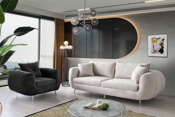 Komplett Canapé-Set Dräisëtzer Fauteuil Stoft Polstersofa 3-deelech Wäiss