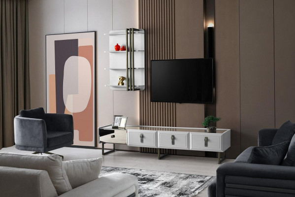 Wunnzëmmer TV-Stänner Regal RTV Lowboard Sideboard Holz Wäiss Set