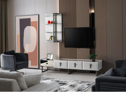 Wunnzëmmer TV-Stänner Regal RTV Lowboard Sideboard Holz Wäiss Set