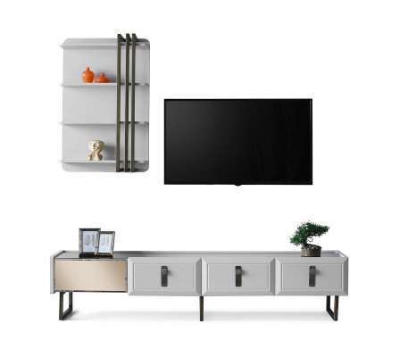 Wunnzëmmer TV-Stänner Regal RTV Lowboard Sideboard Holz Wäiss Set