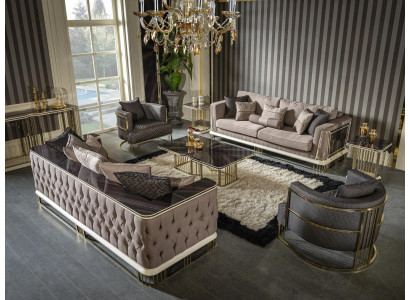 Wunnzëmmer Set Braun Sofagarnitur 2x Fotell Elegante Miwwelen Metall 7-Stéck.