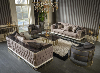 Wunnzëmmer Set Braun Sofagarnitur 2x Fotell Elegante Miwwelen Metall 7-Stéck.