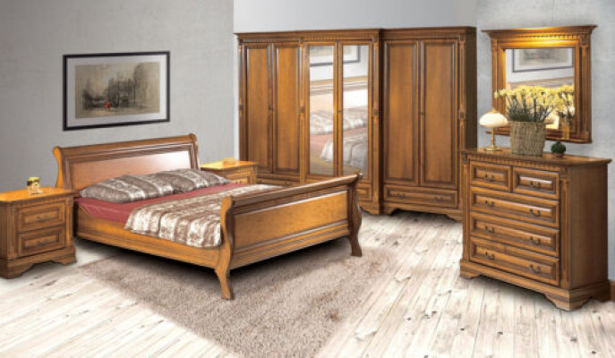 Landhausstil Bett 3-Stéck Set mat 2 Noperchtischen Holz Miwwelen Betteset Braun