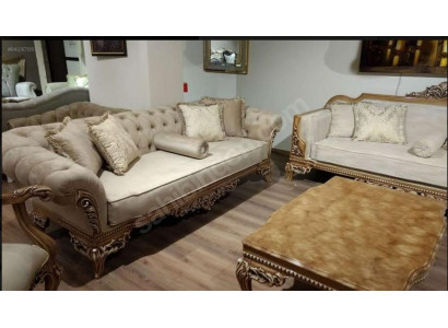 Designer Sofa, hellen Stoffiwwerzuch, 3-Sëtzer + Dësch neit Modell fir Wunnzëmmer