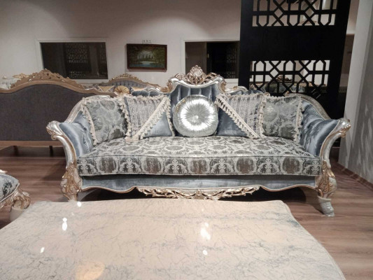 Sofa Canapé Miwwel Set Garnitur 3+1+1 Dësch Sëlwer Barock Rokoko