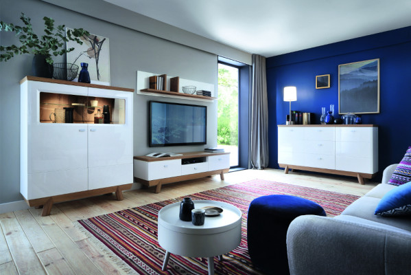 Wohnzëmmer -Garnitur Set Wunnwand Sideboard Vitrin Regal Design Hotel Miwwelen Neit