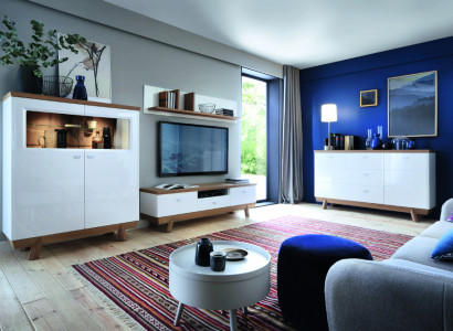 Wohnzëmmer -Garnitur Set Wunnwand Sideboard Vitrin Regal Design Hotel Miwwelen Neit