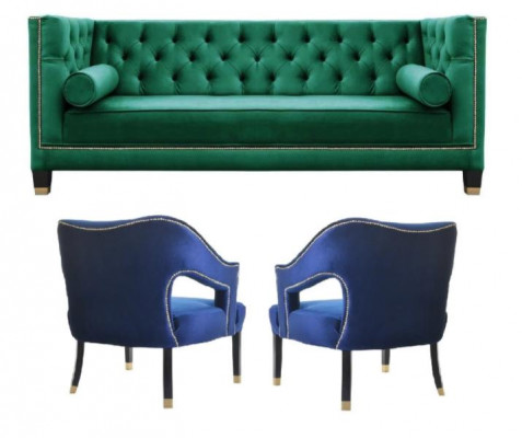 Grénz Sofa Set 3-Teile Garnitur Couch Garnituren Sitz Polster Chesterfield Set Samt