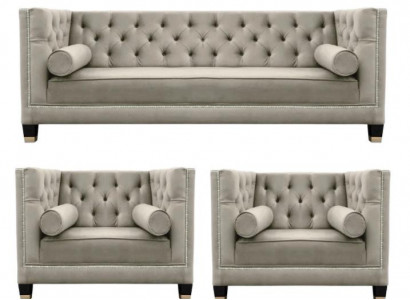 Béisch Sofagarnitur Chesterfield Fotell Luxusmiwwel Textil Stoff Wunnzëmmer Nei