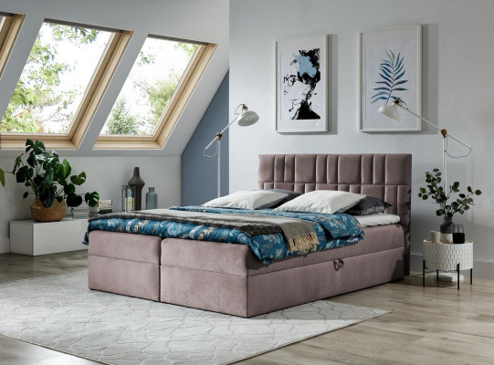 Duebeldbett Boxspringbett Bett mat Bettkaascht Manzebett Better Polsterbett Rout Nei