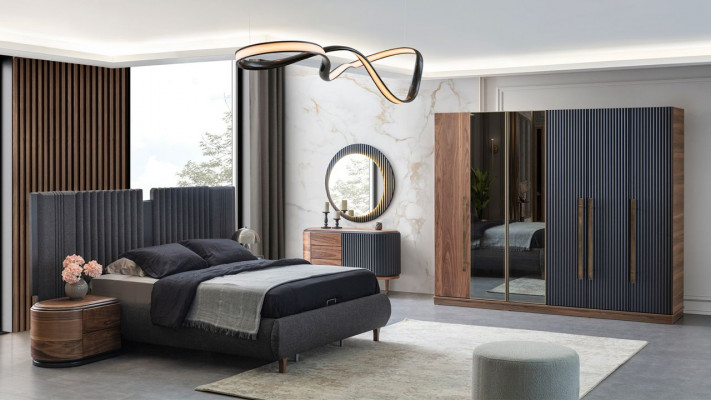 Schwaarz-Beige Schlofzëmmer Garnitur Designer Duebelbett 2x Nuetsdëscher