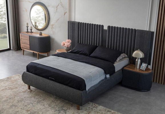 Schwaarz-Beige Schlofzëmmer Garnitur Designer Duebelbett 2x Nuetsdëscher