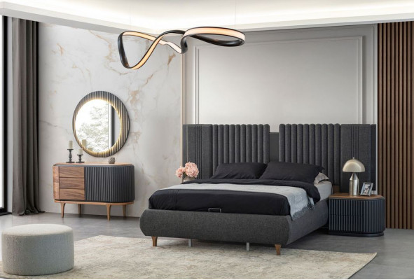 Schwaarz-Beige Schlofzëmmer Garnitur Designer Duebelbett 2x Nuetsdëscher