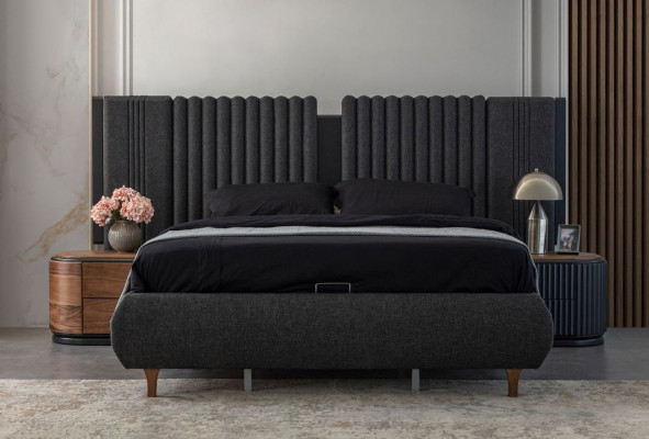 Schwaarz-Beige Schlofzëmmer Garnitur Designer Duebelbett 2x Nuetsdëscher