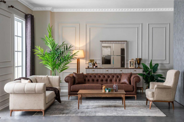Gepolstert Wunnzëmmer Miwwelen Sofagarnitur Couch Set Stoffsoda 3 Deeler Textil