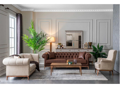 Gepolstert Wunnzëmmer Miwwelen Sofagarnitur Couch Set Stoffsoda 3 Deeler Textil